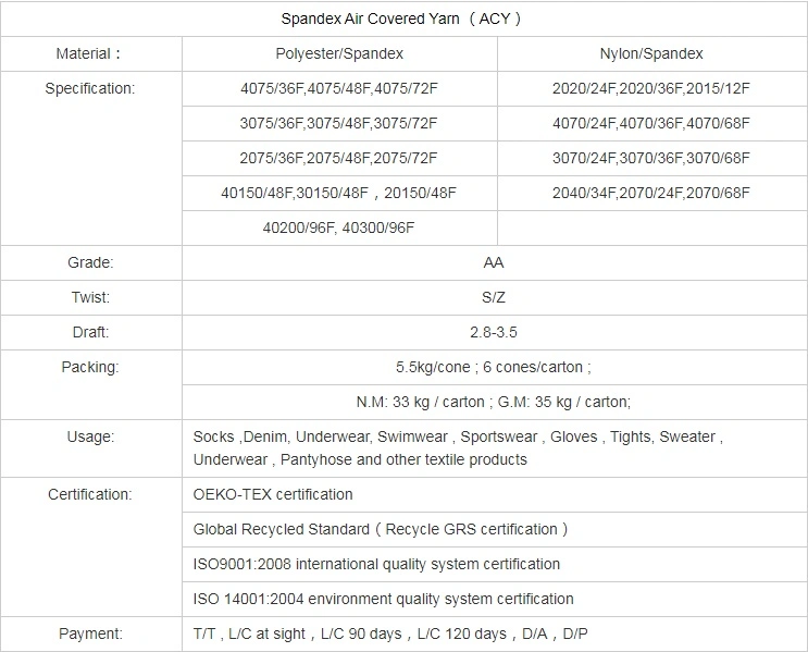 China Wholesale Spandex Acy Nylon Yarn 300/96+70 Ddb Air Covered Yarn for Textile Fabric